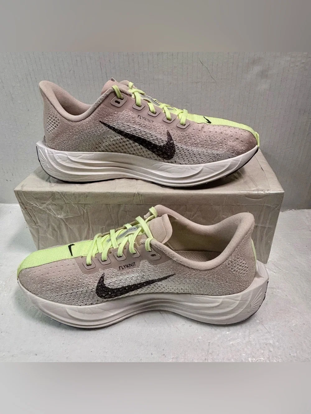 Nike Pegasus, Plus, zoom X, Flyknit Running Shoes - Pale Pink/Neon Yellow Accent
